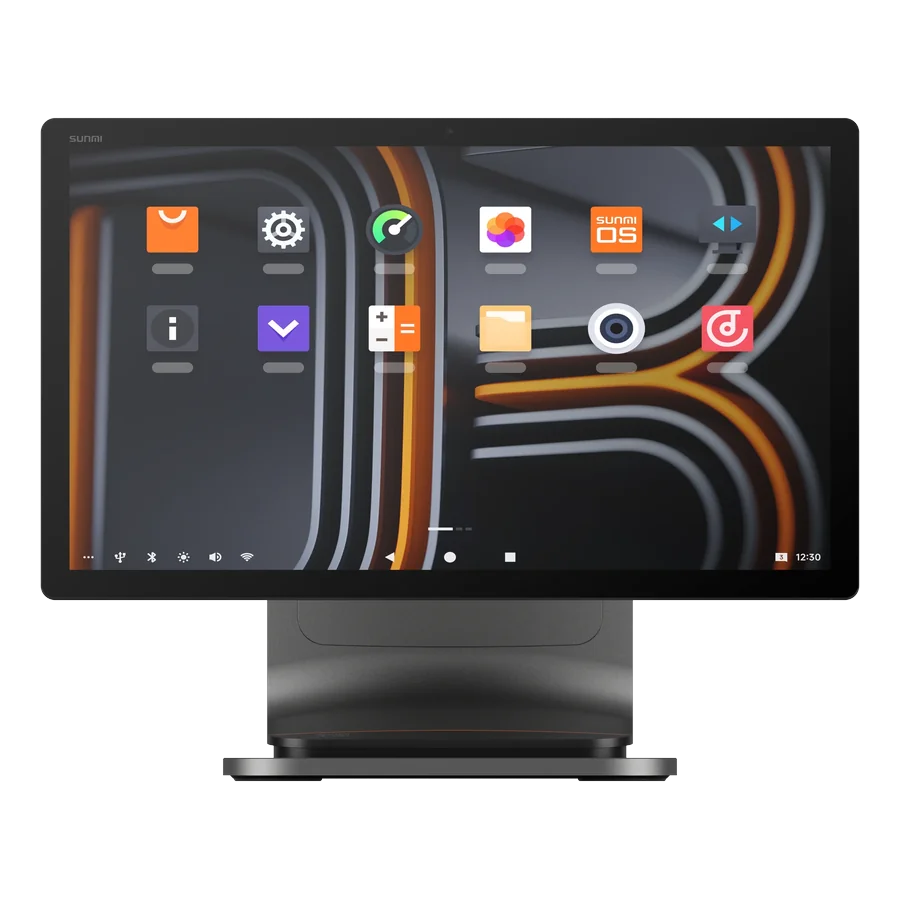 Sunmi T3 Pro POS terminal seen from the front: a wide cashier touchscreen on a slim stand