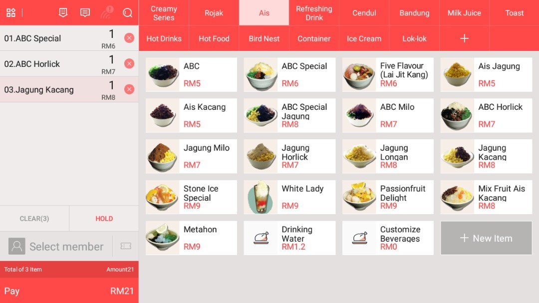 Pospal counter screen for a Malaysian drinks stall listing ABC, Ais Kacang, Cendul, Bandung and Rojak with ringgit prices