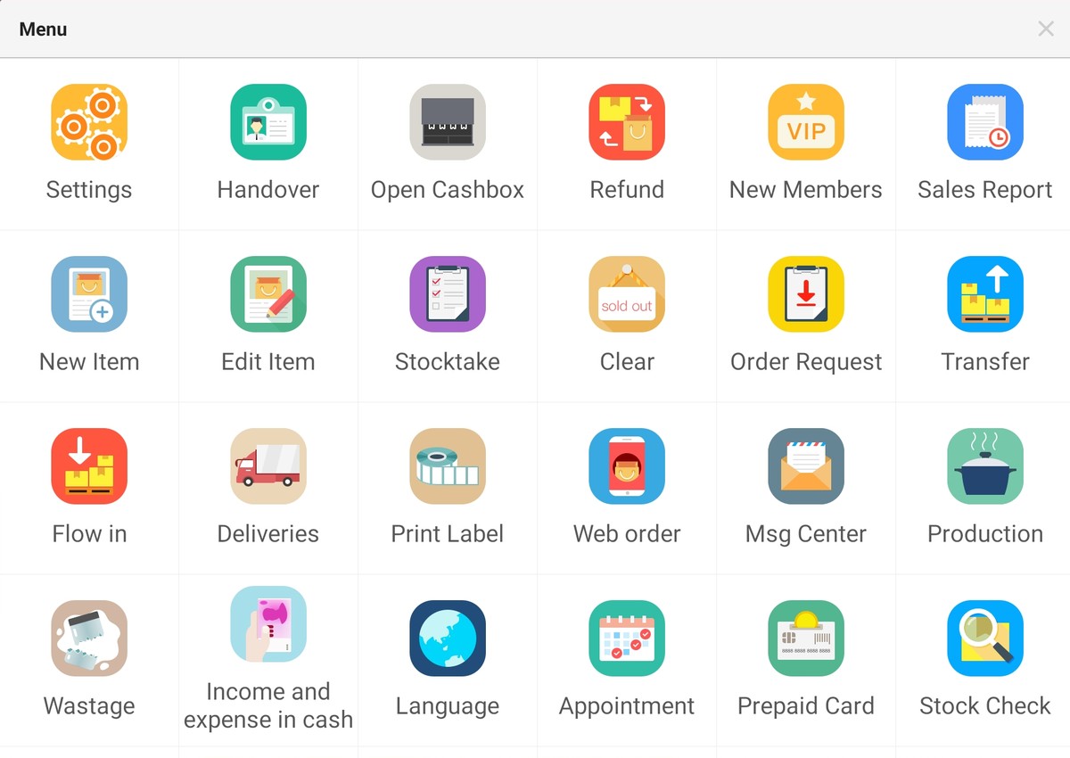 Pospal function menu showing 24 built-in modules including stocktake, refund, appointments, deliveries, prepaid card and stock check