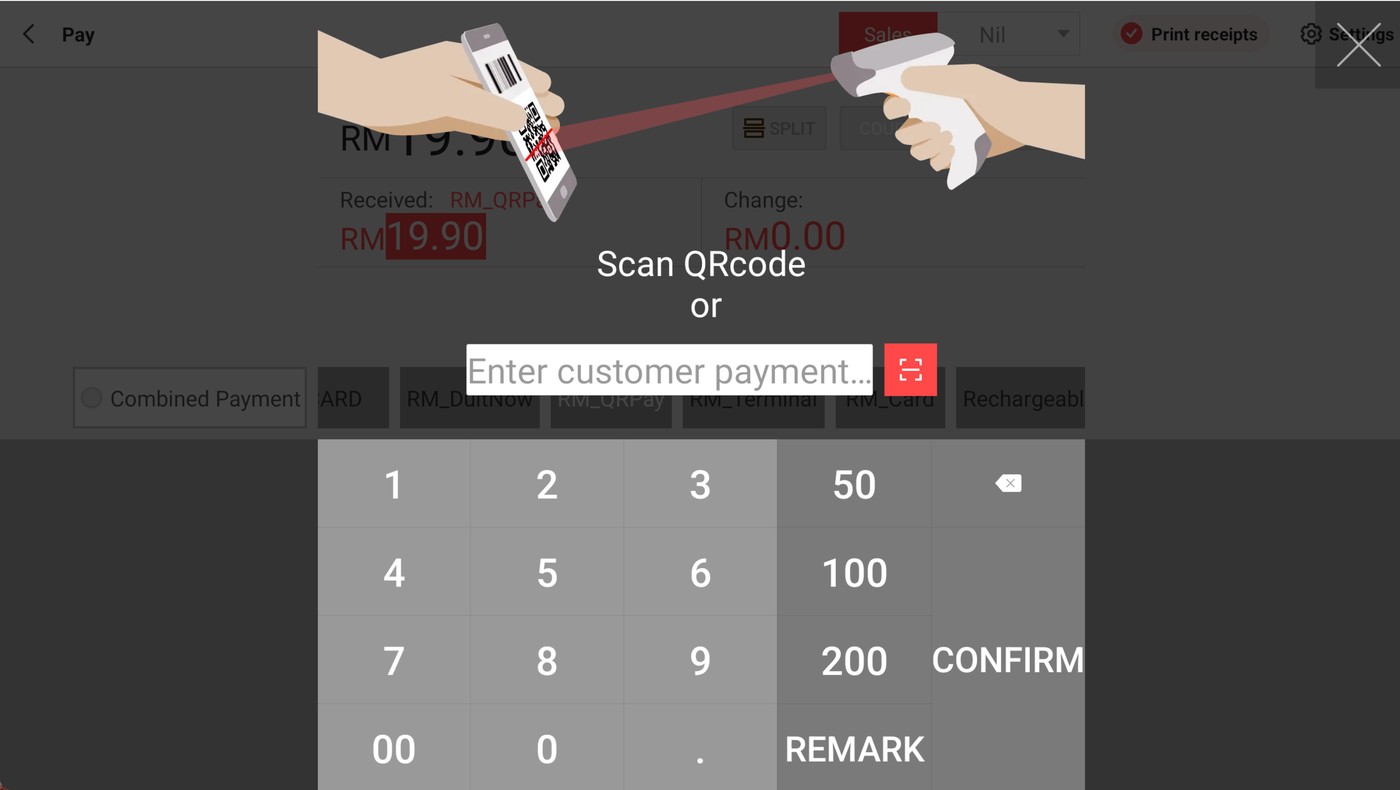 Pospal payment screen: scan a customer QR code or enter payment, with DuitNow, QR pay, terminal and card tenders