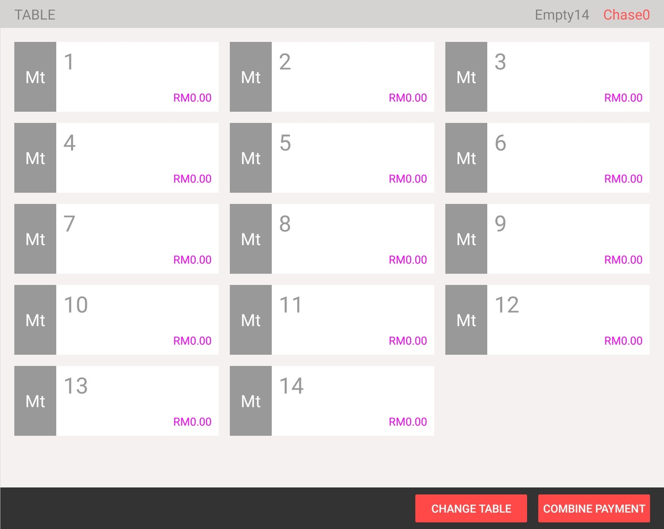 Pospal table map showing fourteen tables with running totals, plus change table and combine payment controls