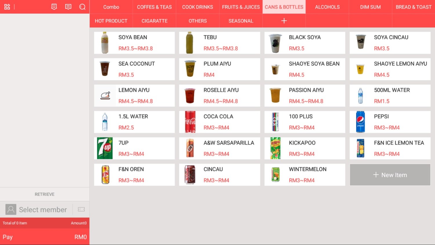 Pospal retail counter showing the cans and bottles category with Coca-Cola, 100 Plus, Pepsi, 7Up, Kickapoo and F&N priced in ringgit